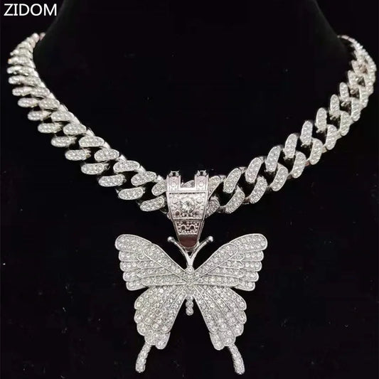 Men Women Hip Hop Iced Out Bling butterfly Pendant