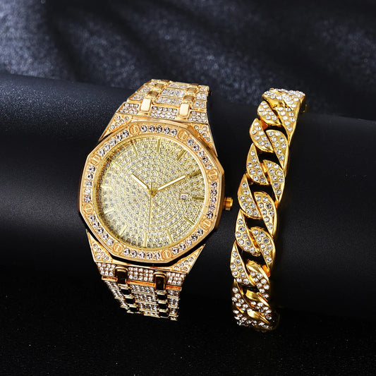 Luxury  Watch Bracelet for Women Mens Watch  Set Rhinestone Gold