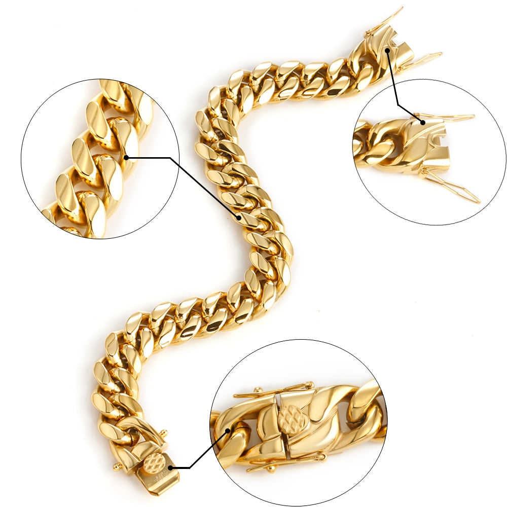 Golden Curb Cuban Link Chain Gold Bracelet Stainless Steel