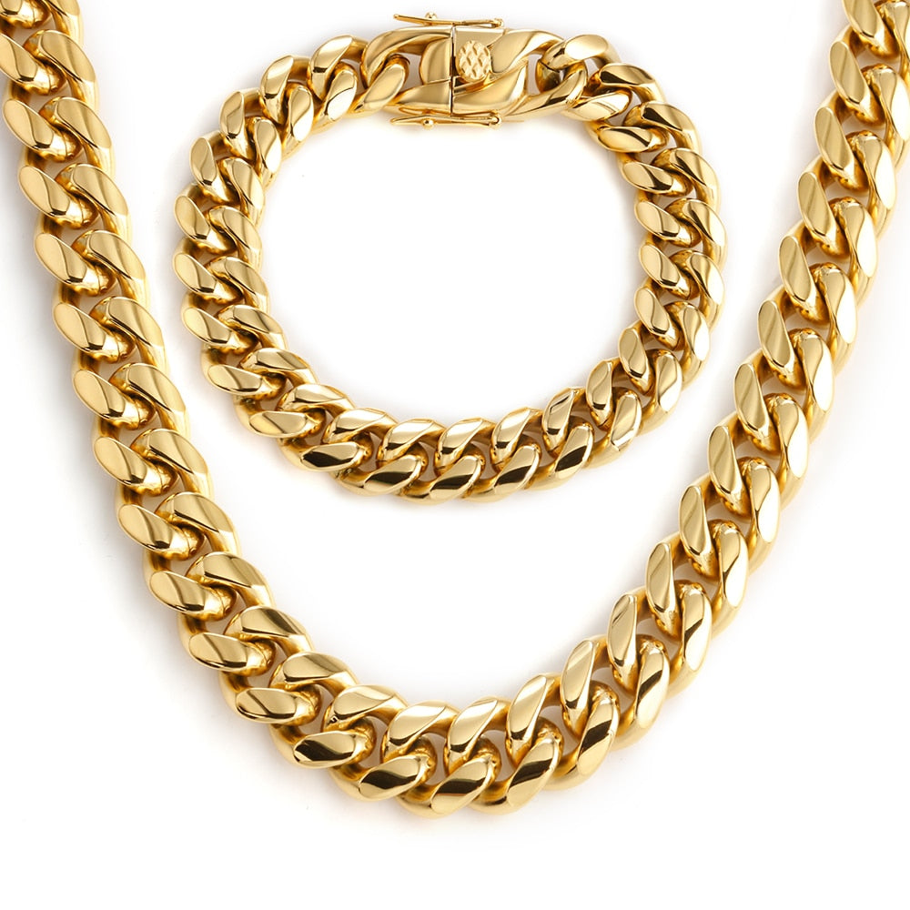 Golden Curb Cuban Link Chain Gold Bracelet Stainless Steel