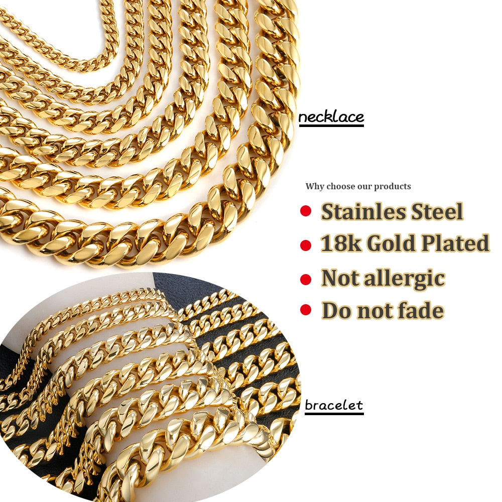 Golden Curb Cuban Link Chain Gold Bracelet Stainless Steel