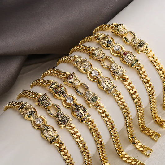 Bracelets, Gold Color Leopard Bangles Stone Row,High Quality