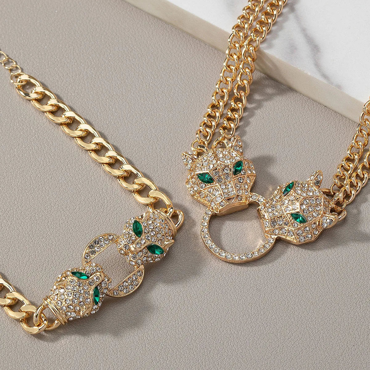 Men's Gold Plated Zircon Leopard Head Necklace Jewelry Set