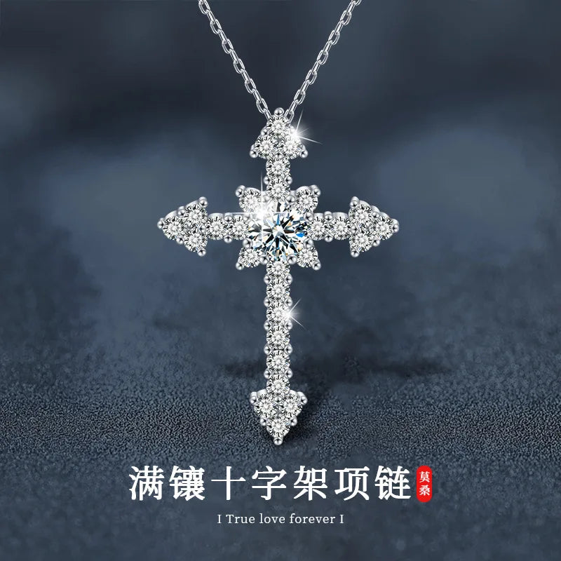 Moissanite 18K gold full cross necklace pendant PT950  luxury mozzarella diamond agate jewelry