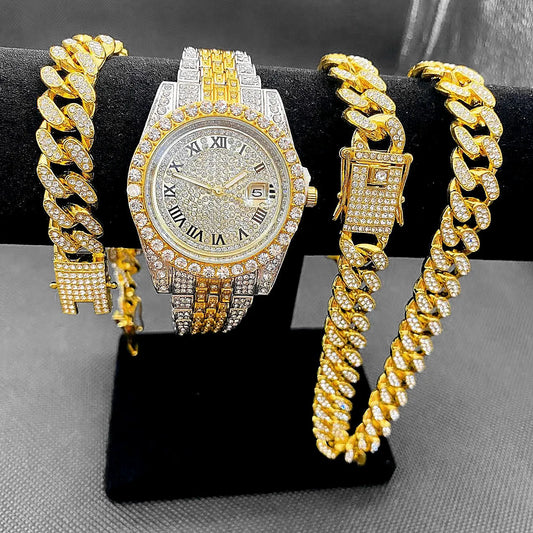 Jewelry for Men Big Gold Chains Hip Hop  Watch Set