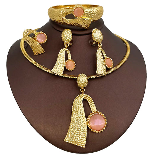 Itlaian Pink Opal Jewelry Set  Necklace Earring  Bangle