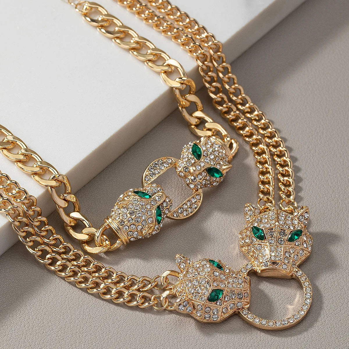 Men's Gold Plated Zircon Leopard Head Necklace Jewelry Set