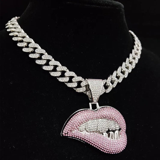 Lips Necklace Bracelet set for men and women Full Rhinestone