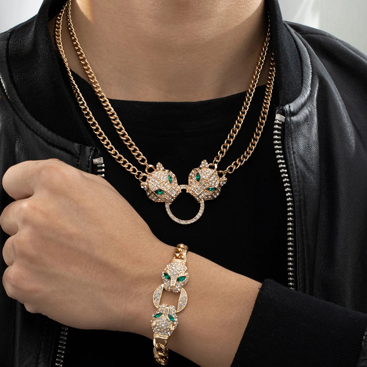 Men's Gold Plated Zircon Leopard Head Necklace Jewelry Set